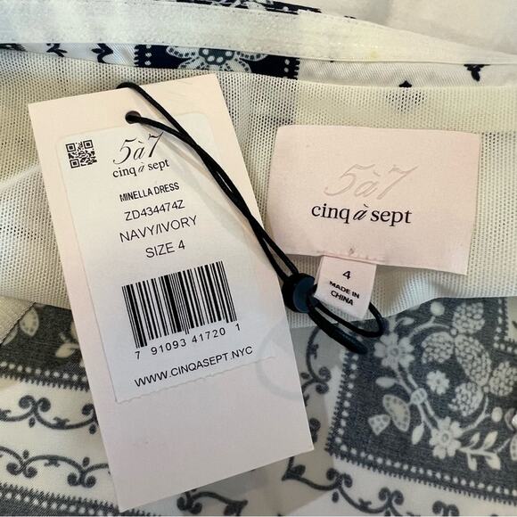 Cinq a Sept NWT Minella OTS Paisley Mini Ruffle Party Dress size 4 Navy Ivory - Picture 5 of 14